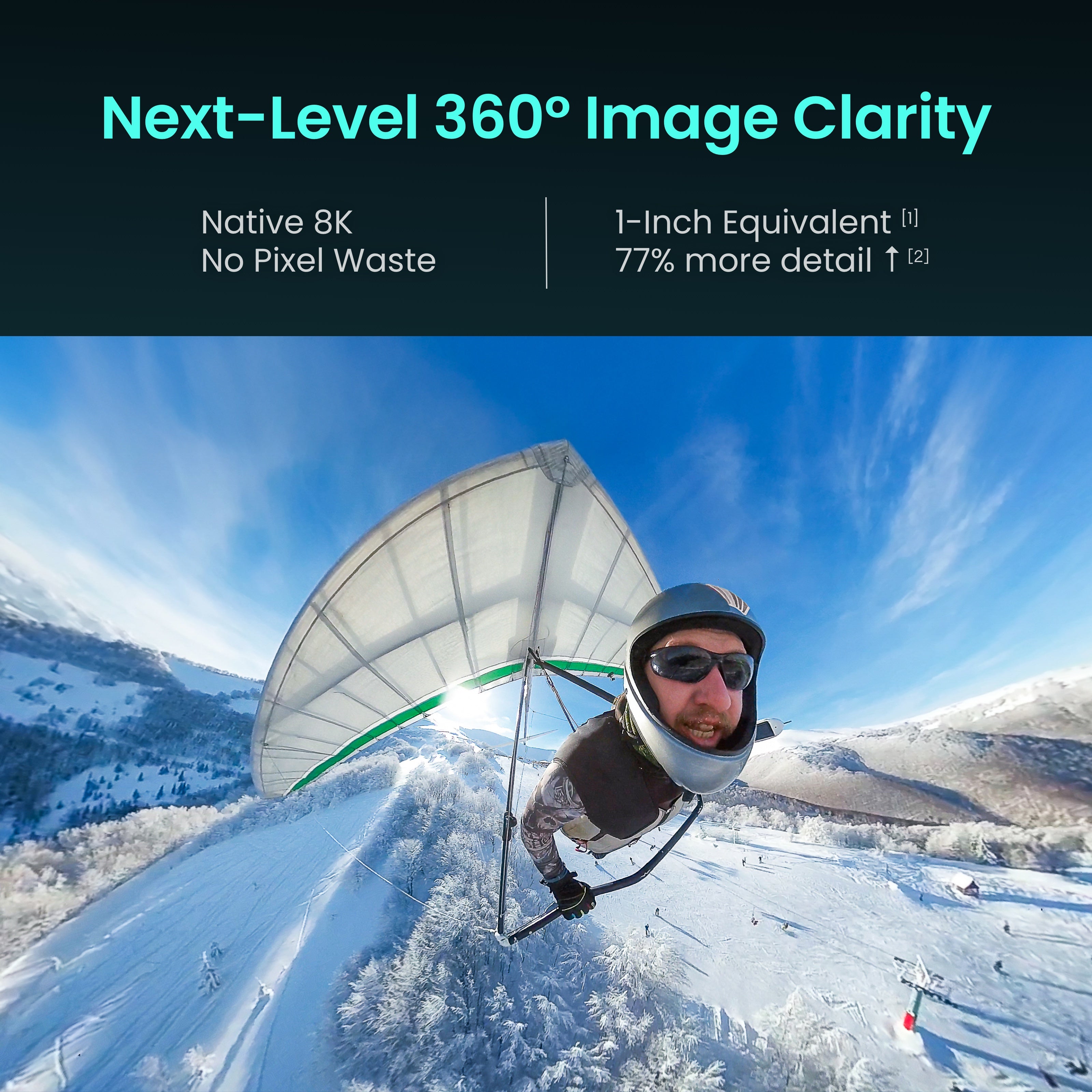 Person hang gliding over snowy landscape captured by Xtra Sphra360, with text highlighting True 8K 360-degree image clarity.