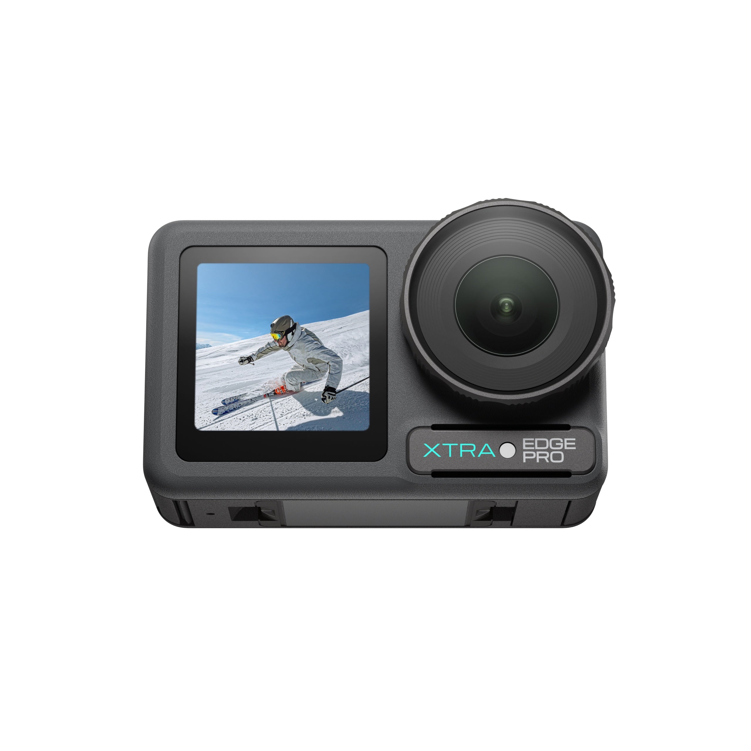 Xtra Edge Pro action camera displaying a skier, highlighting its cold-resistant performance and 216-min battery life on freezing snowy slopes.