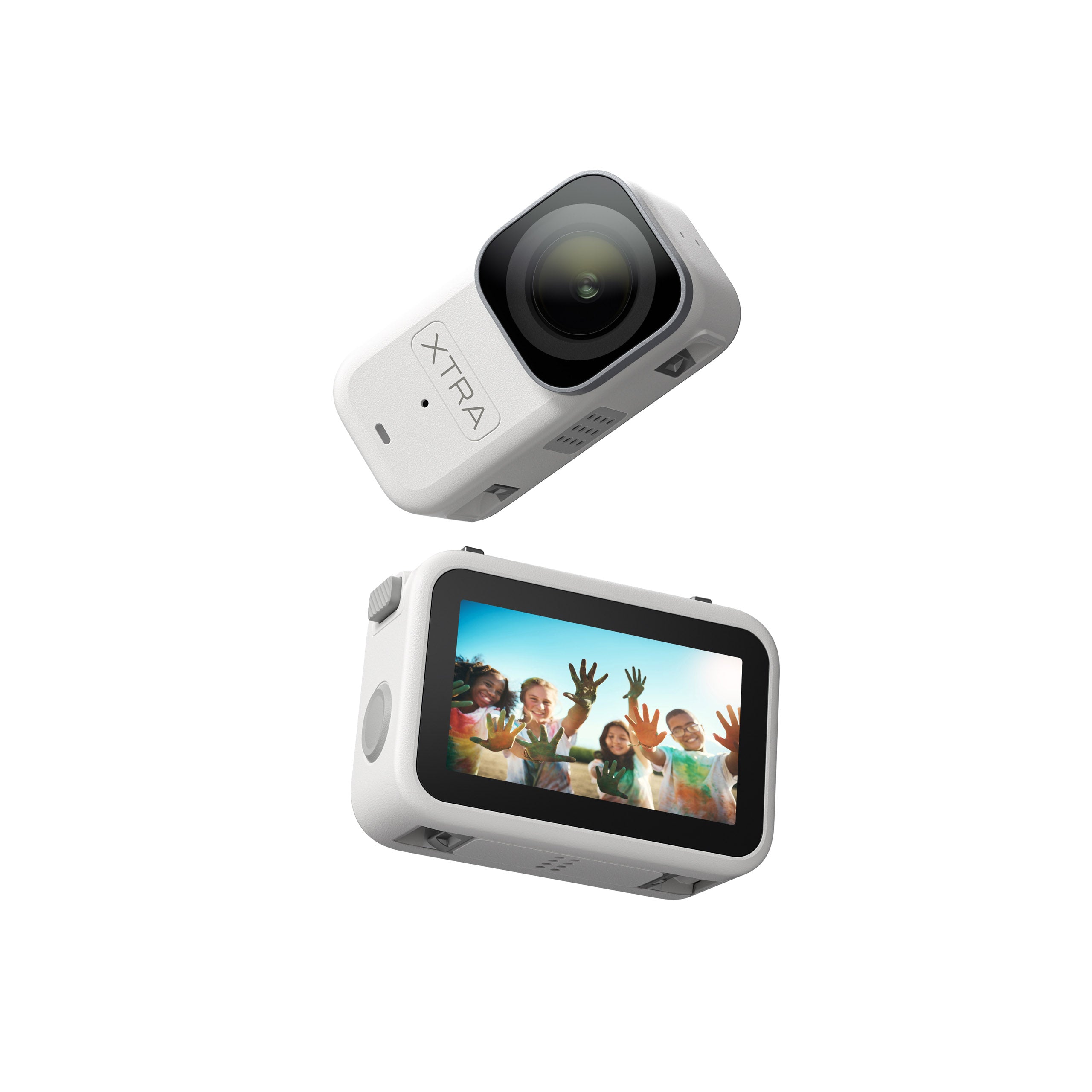 Xtra Atto 4K vlog camera and Vision Dock showing group selfie on touchscreen