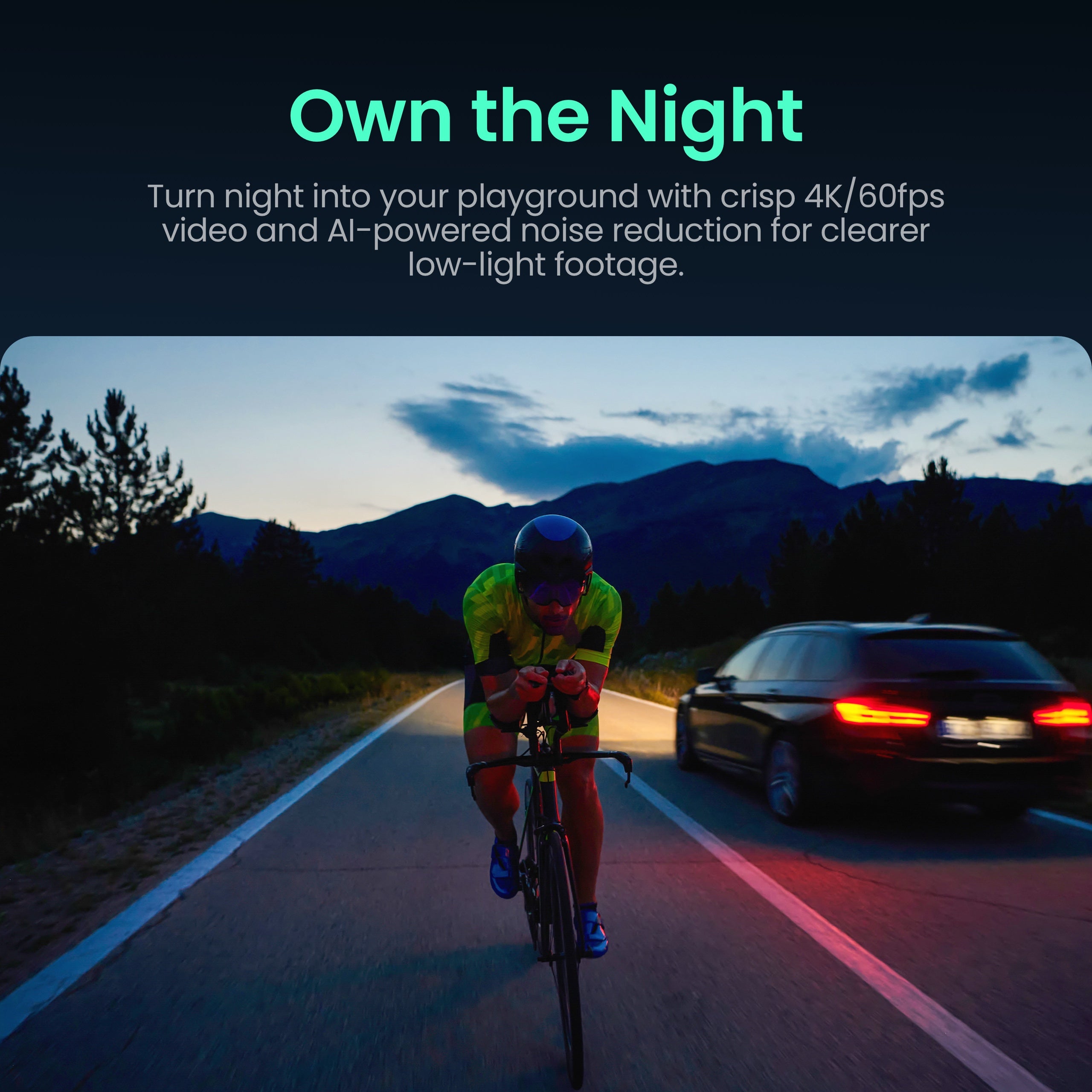 Xtra Edge Pro capturing a cyclist at night, demonstrating its massive 1/1.3" sensor and AI Night View for crystal-clear low-light video.