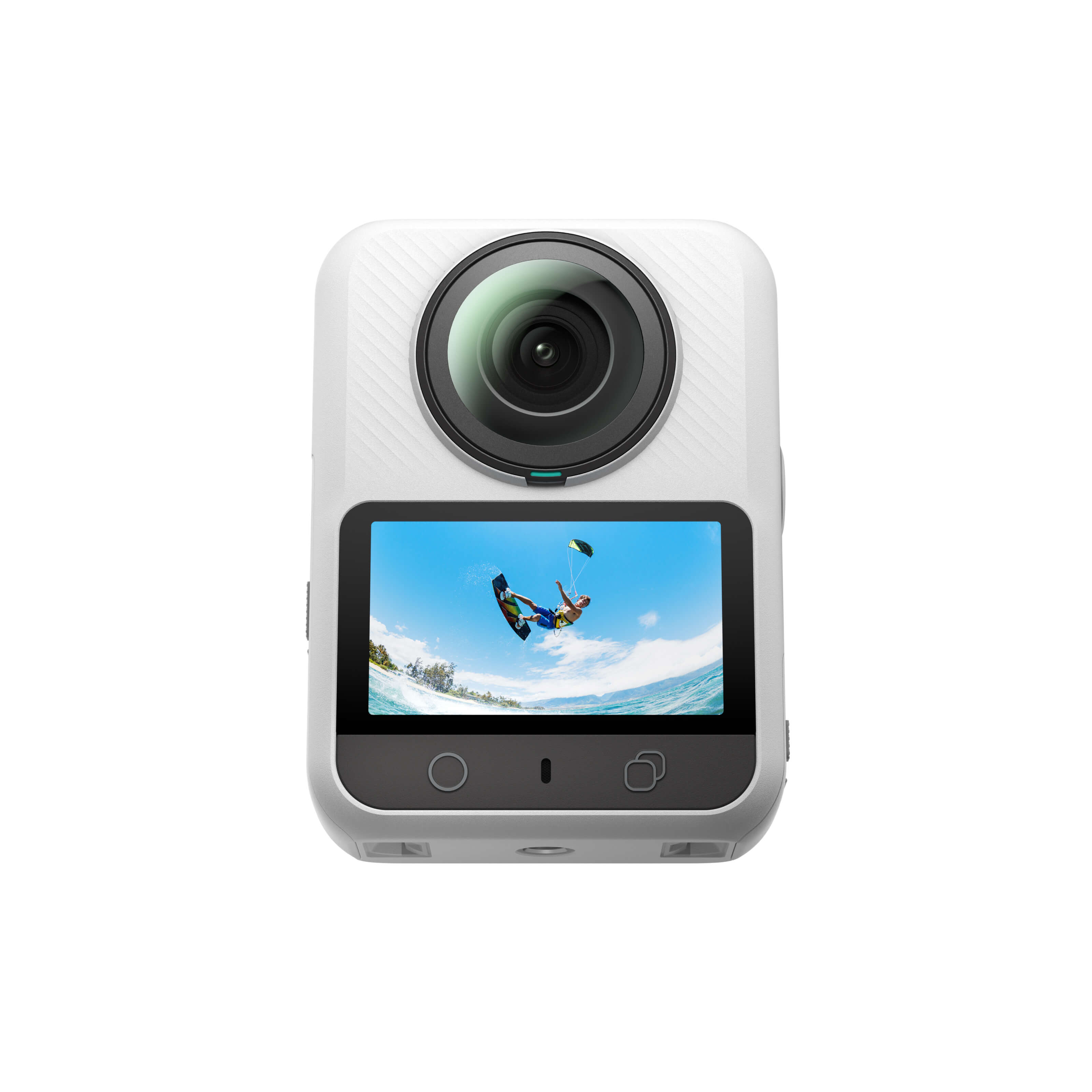White Xtra Sphra360 action camera with touchscreen displaying water sports footage on isolated white background.