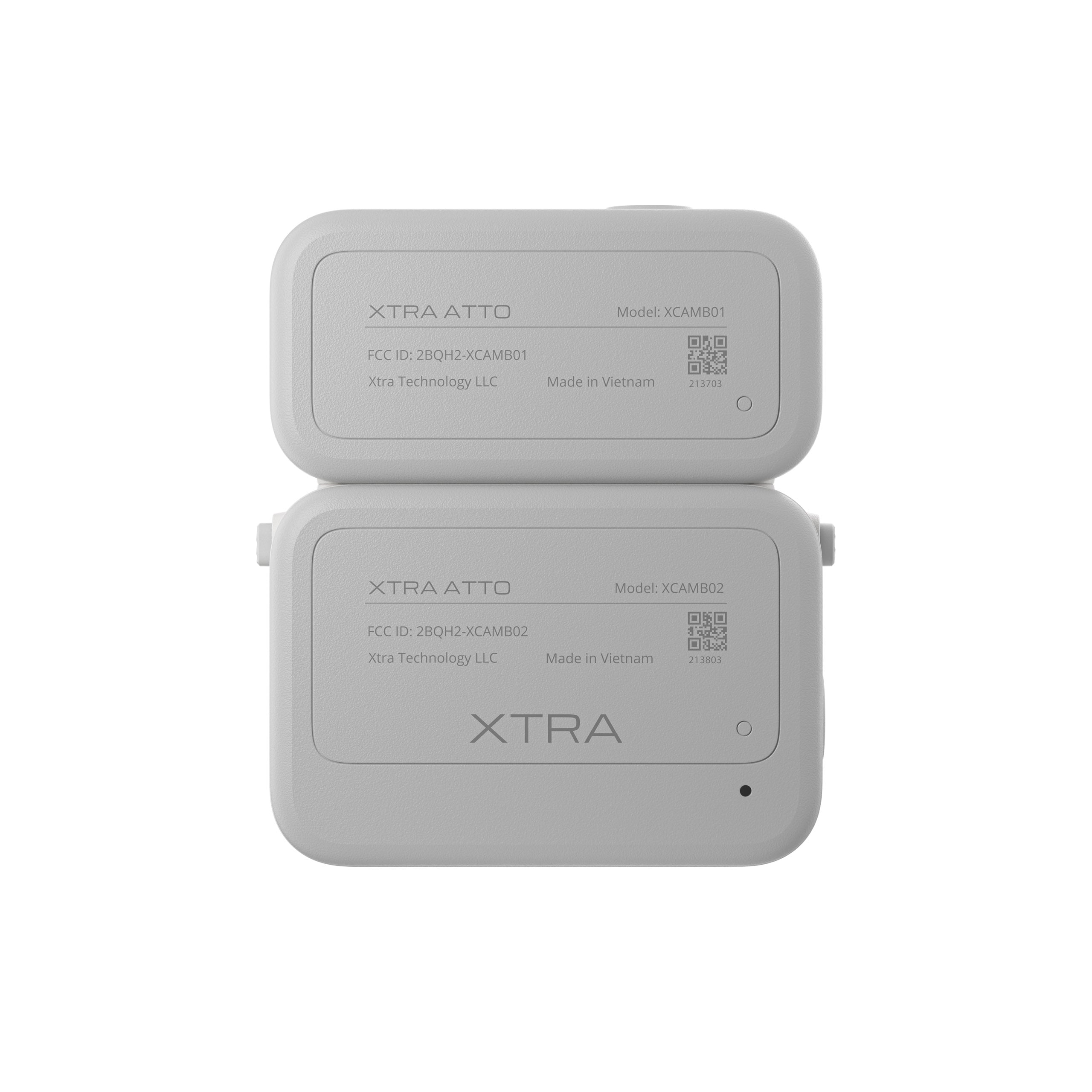 Rear view of Xtra Atto camera unit model XCAM801 and Vision Dock model XCAM802 with FCC ID labels