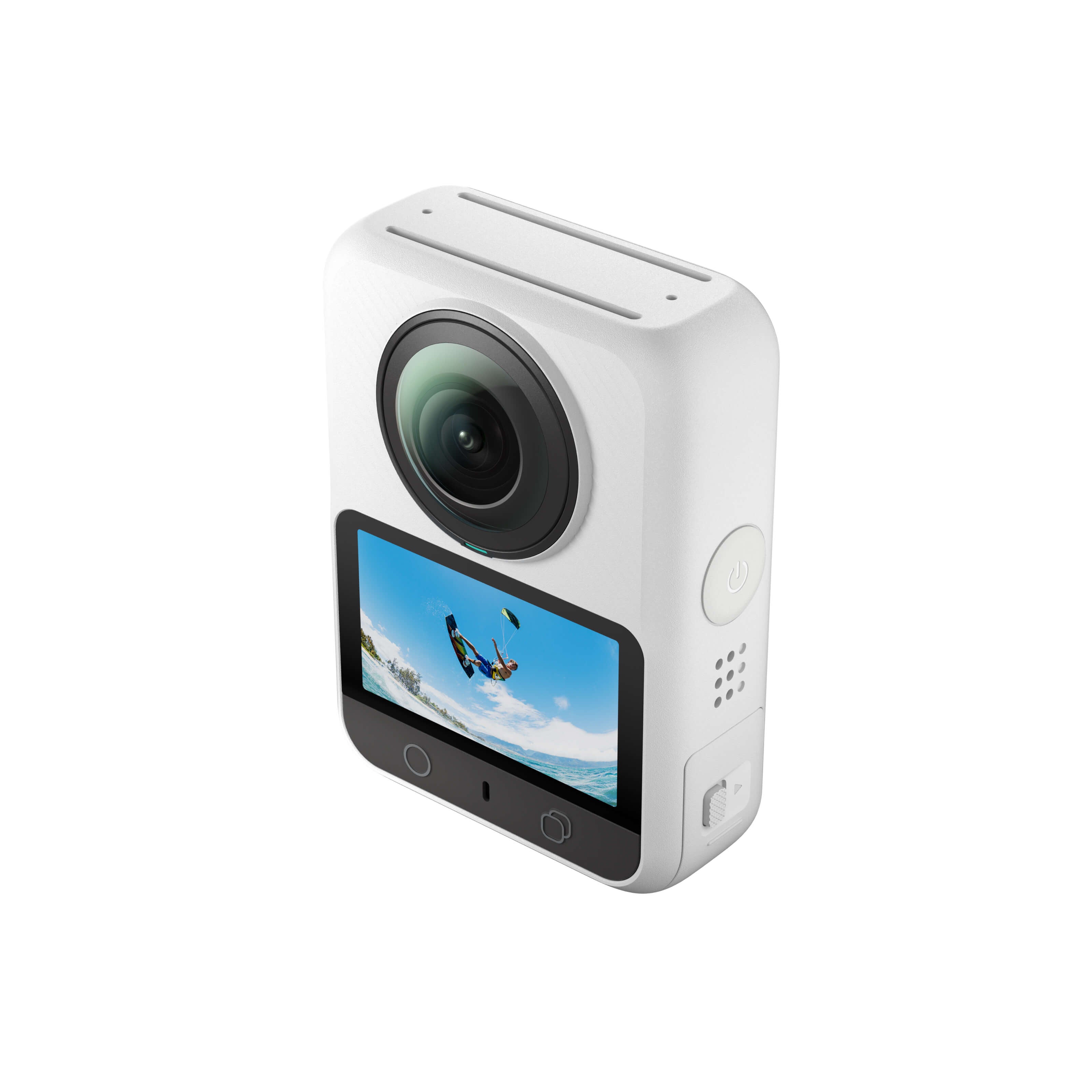 Studio isolation of white Xtra Sphra360 8K action camera with prominent branding on white background.