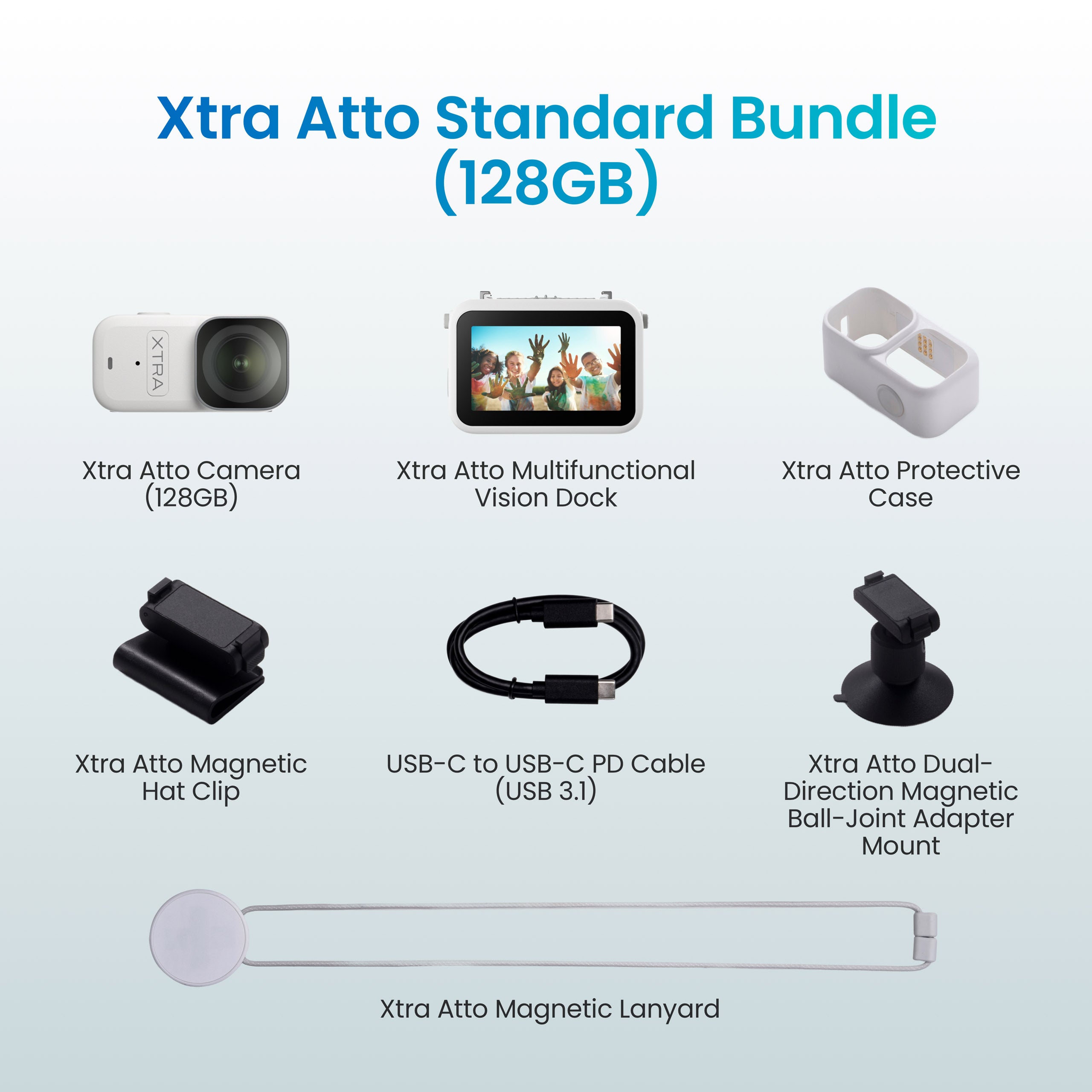 Xtra Atto Standard Bundle (128GB) contents including Vision Dock, Magnetic Lanyard, Hat Clip, and Ball-Joint Mount