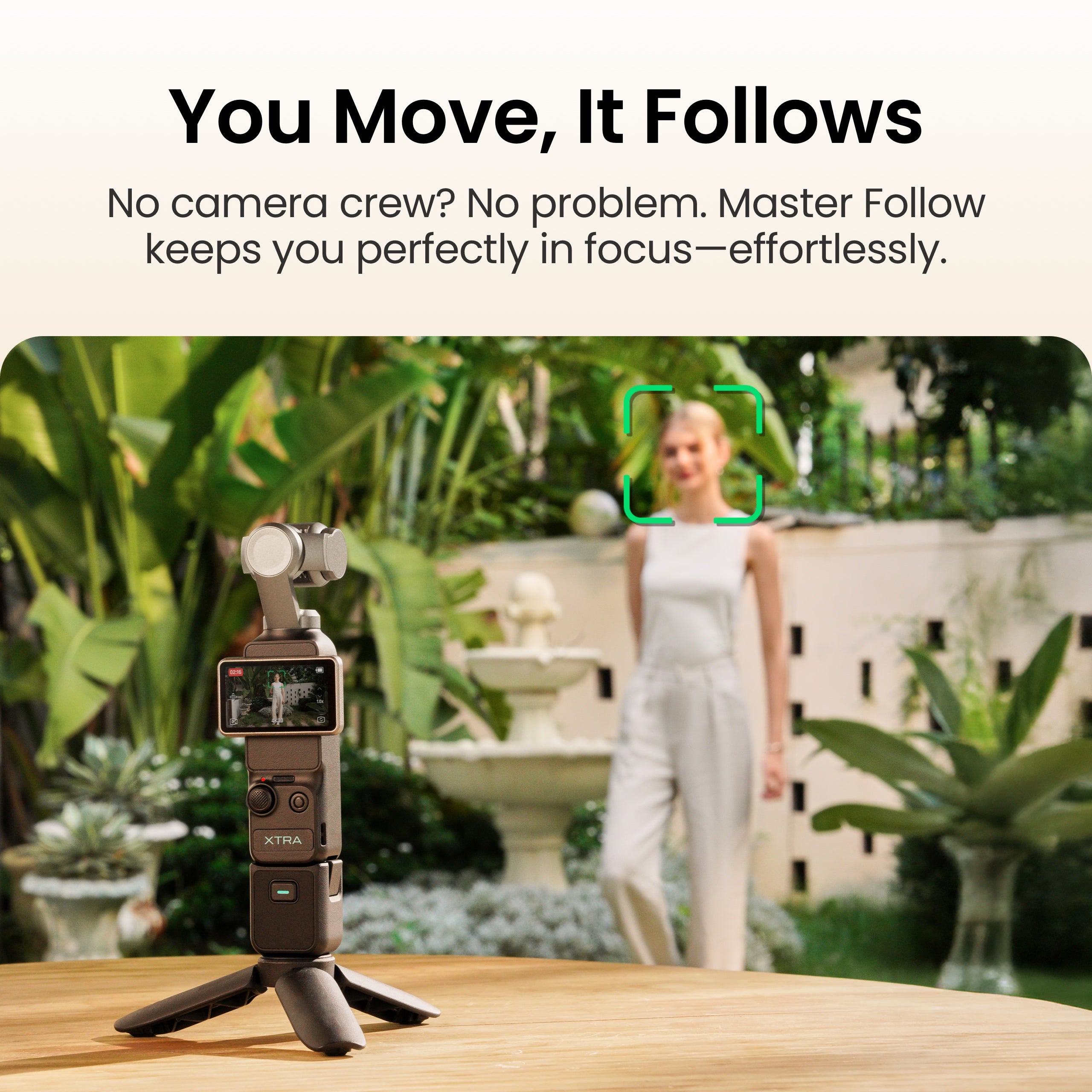 Xtra Muse portable vlog camera uses smart tracking and gimbal stabilization in a garden, ideal for hands-free live streaming and solo content creation.