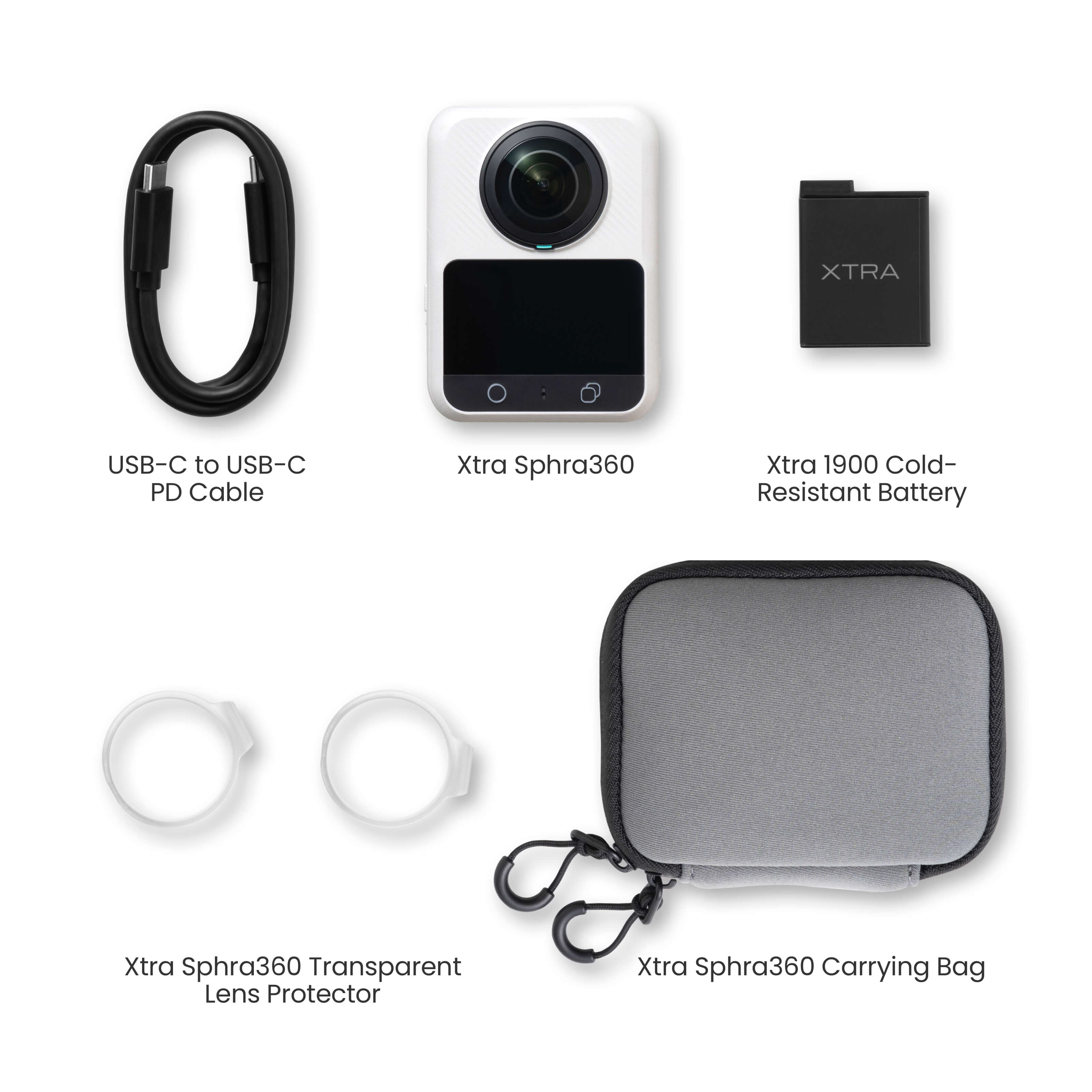 Xtra Sphra360 in-the-box accessories including USB-C cable, high-capacity battery, lens protectors, and carrying bag.