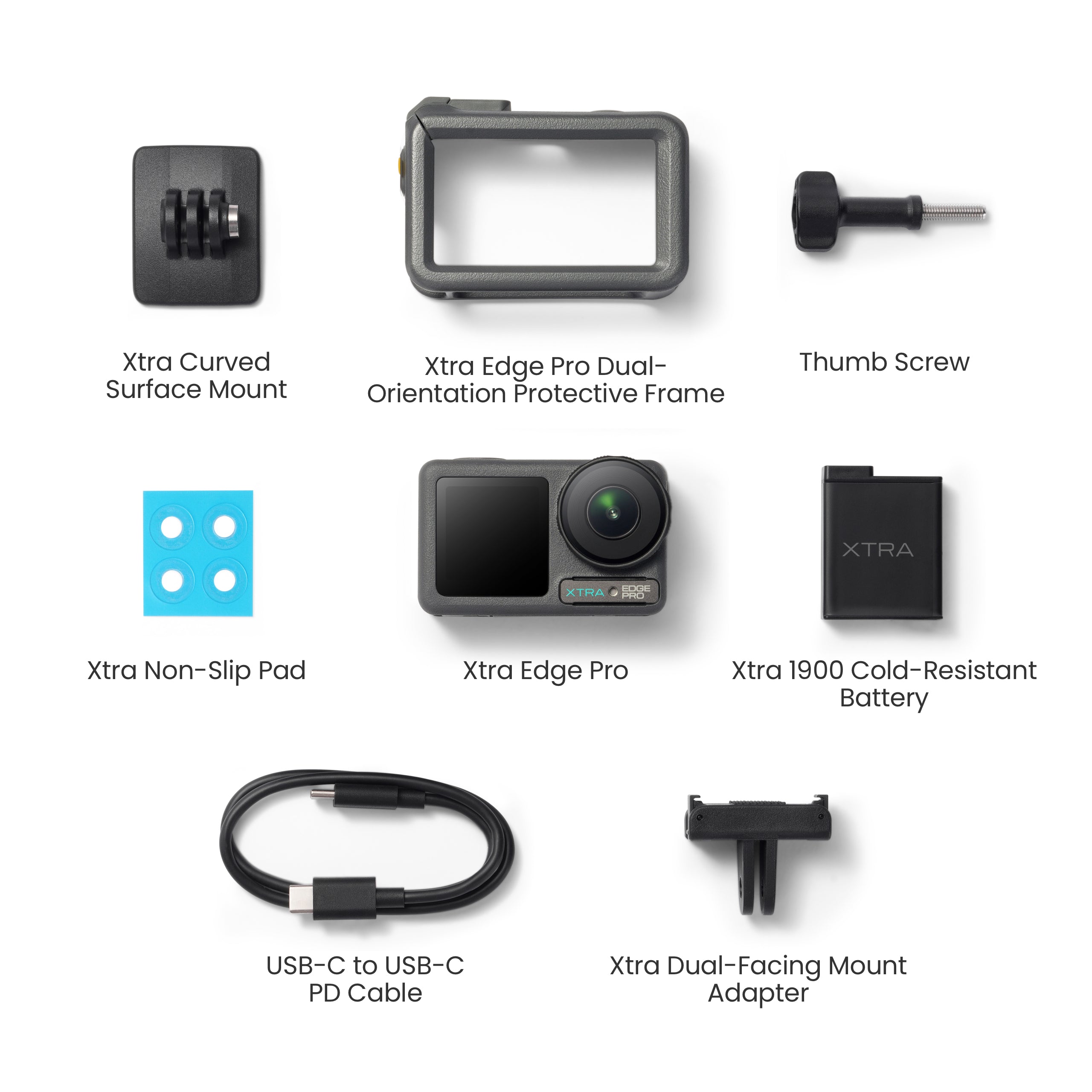 Xtra Edge Pro action camera accessory kit including protective frame, curved mount, and battery, ensuring you are adventure ready out of the box.