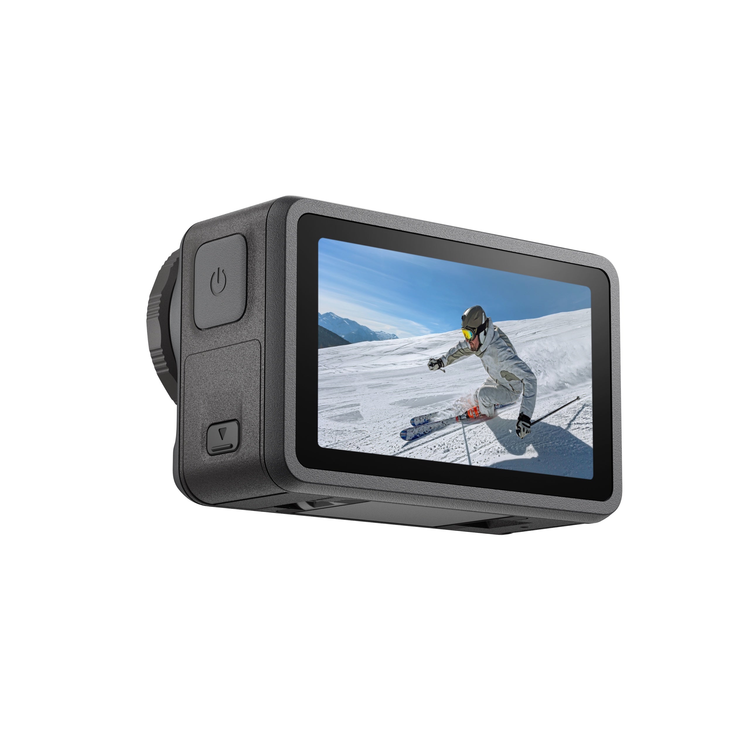 Xtra Edge Pro action camera capturing a skier on a snowy mountain, ensuring steady 4K/60fps footage with MotionMaster stabilization.