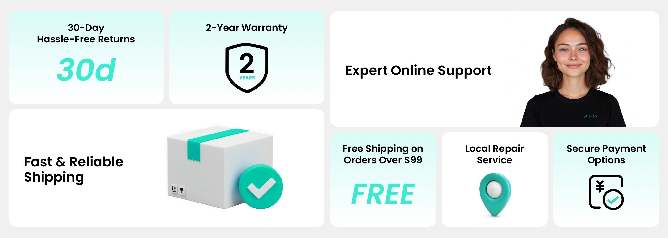 Xtra Store service guarantees grid showing 2-year warranty, 30-day hassle-free returns, expert online support, fast free shipping, and local repair service.
