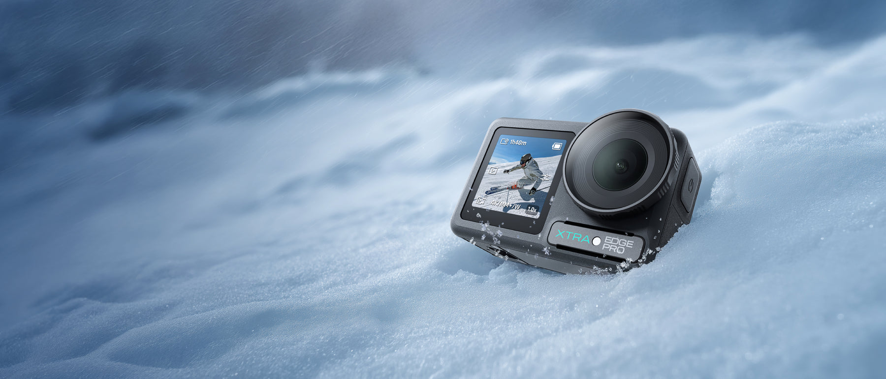 XTRA Edge Pro action camera against a snowy outdoor background