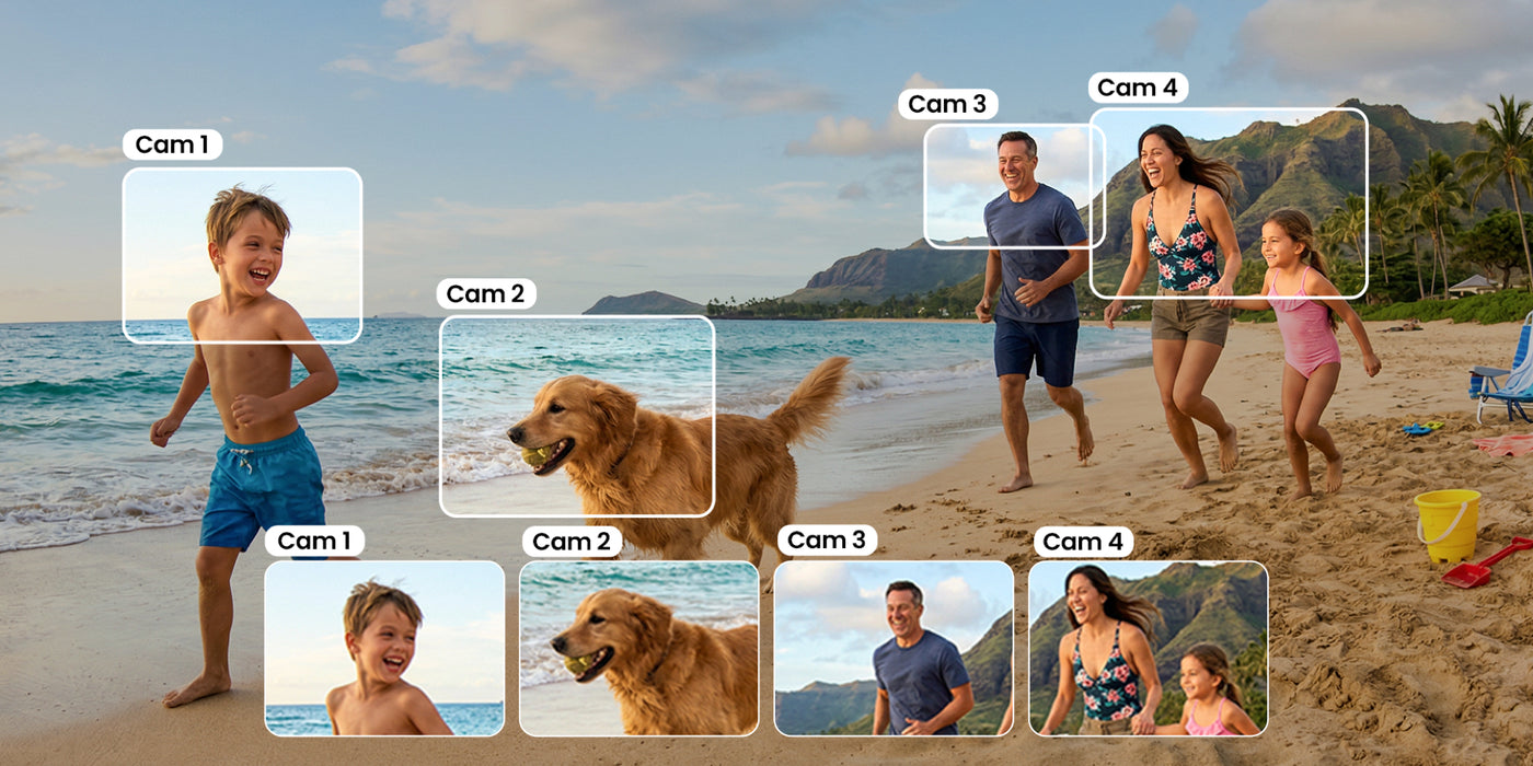 One beach recording reframed into multiple views of a family and their surroundings