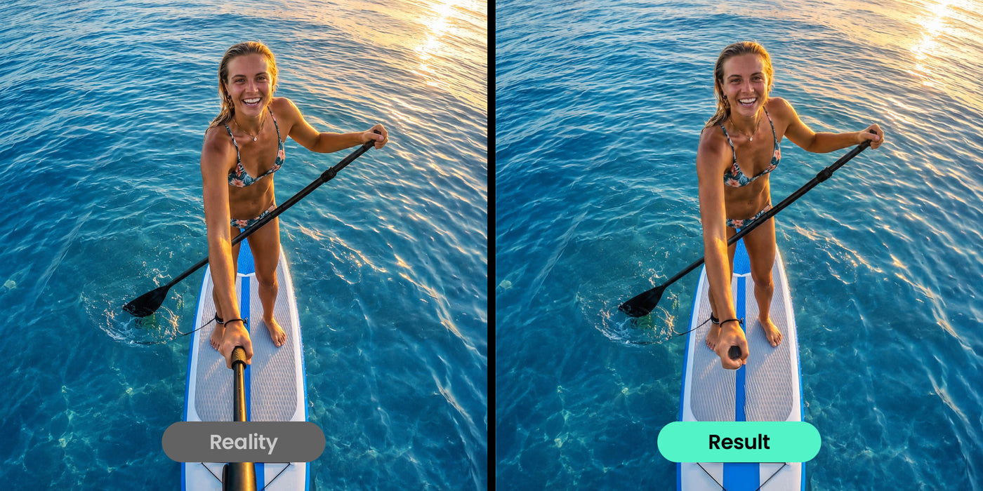 Paddleboarding comparison showing an extension rod before and after the invisible-stick effect