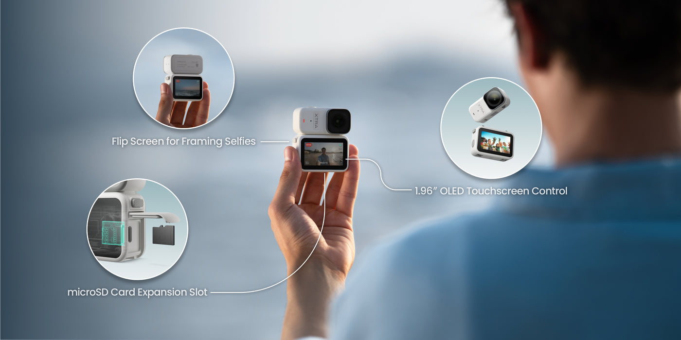 XTRA ATTO held with its screen dock for selfie framing