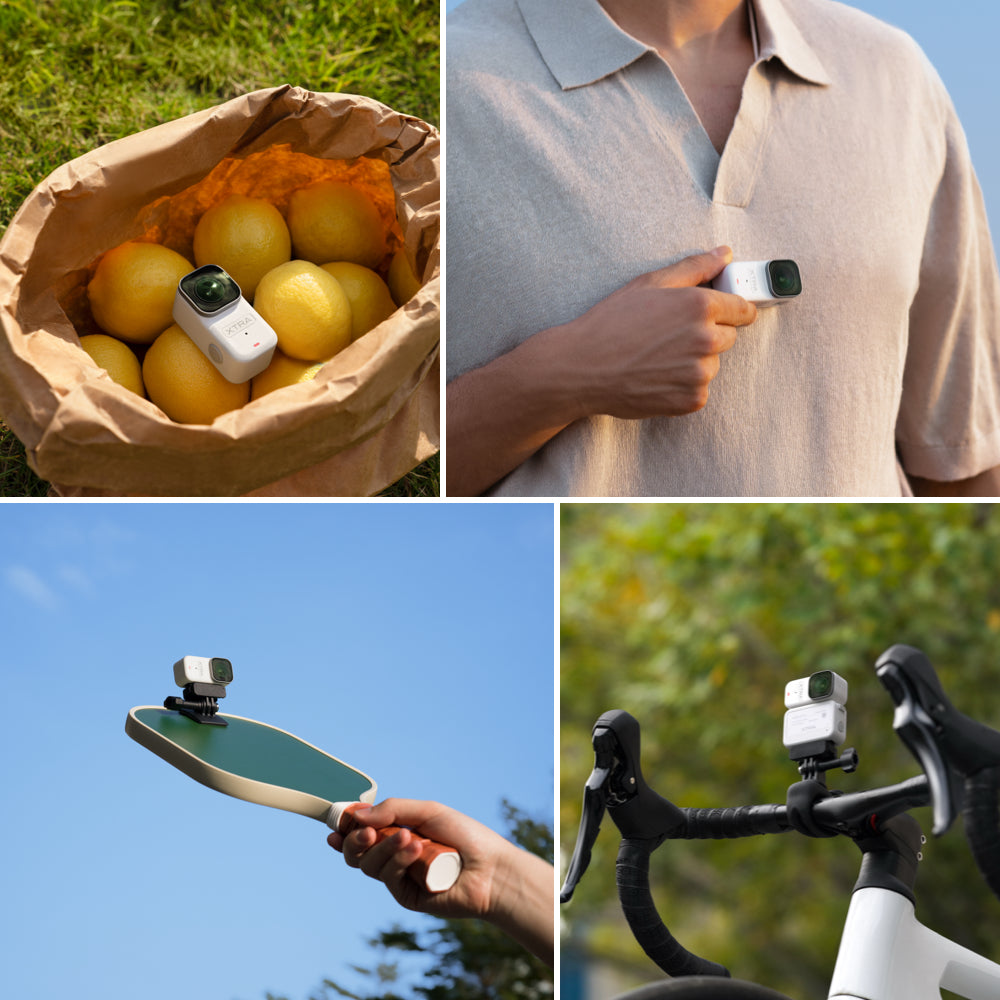 Four XTRA ATTO setups showing a bag, magnetic shirt attachment, handheld use and a bicycle mount