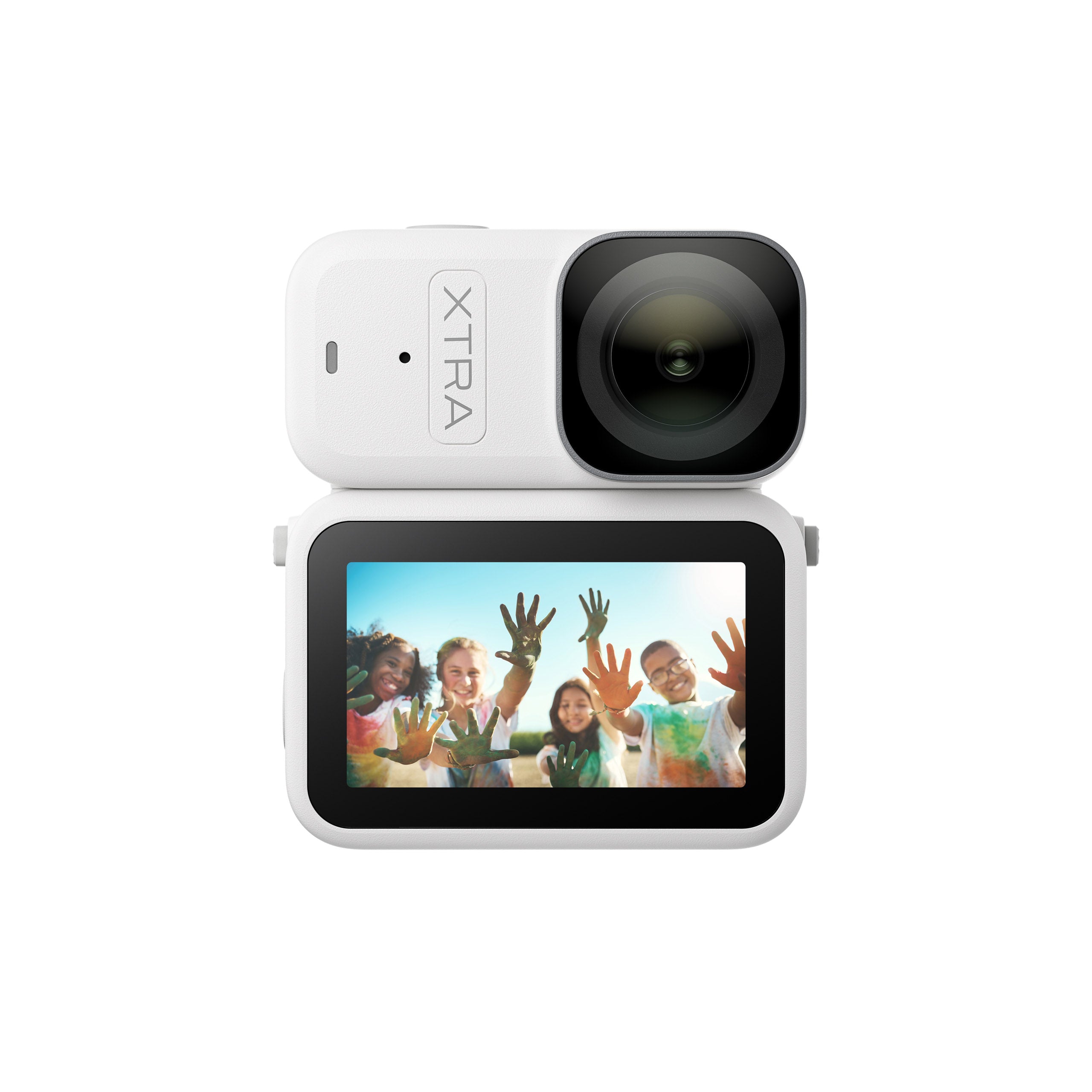 Xtra Atto 4K vlog camera and Vision Dock showing group selfie on touchscreen