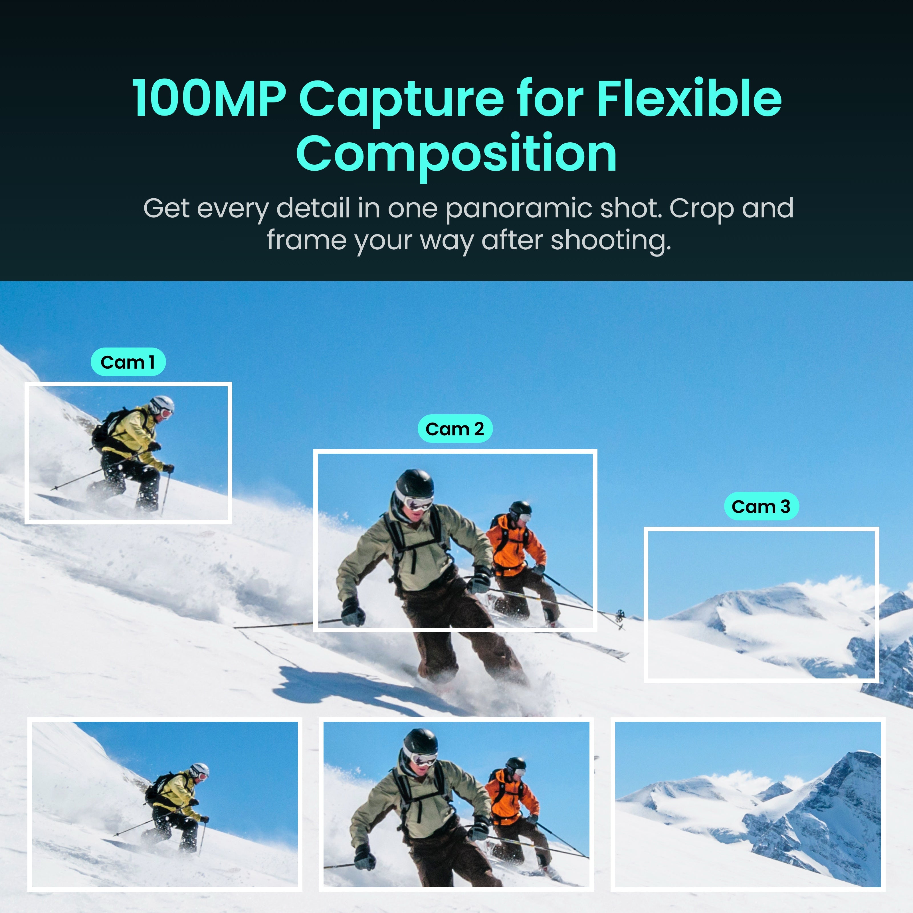 Three reframed angles of skiers on a snowy mountain demonstrating Xtra Sphra360's flexible composition powered by 100MP capture.