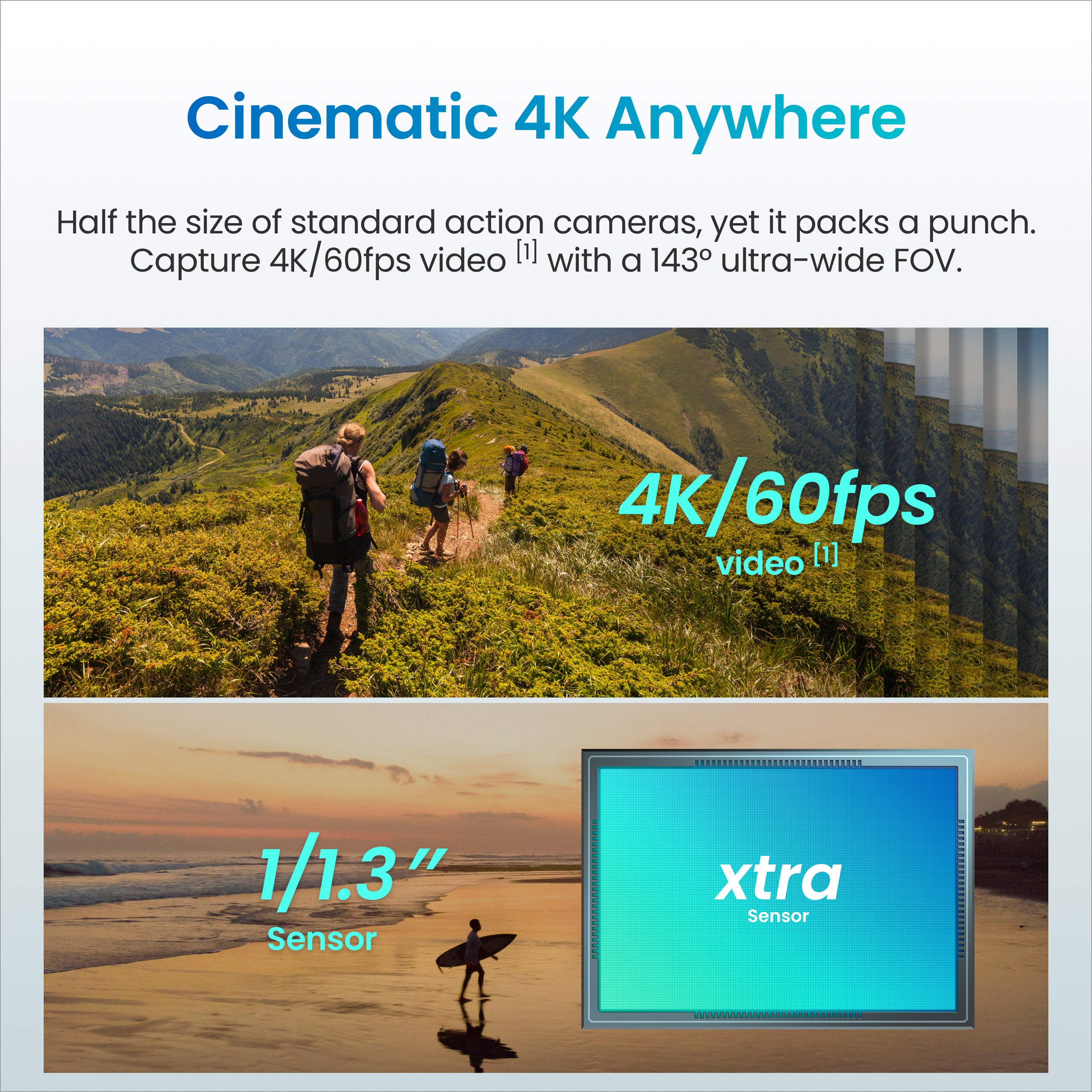Xtra Atto large 1/1.3 inch sensor technology vs standard action cams featuring 4K 60fps cinematic video