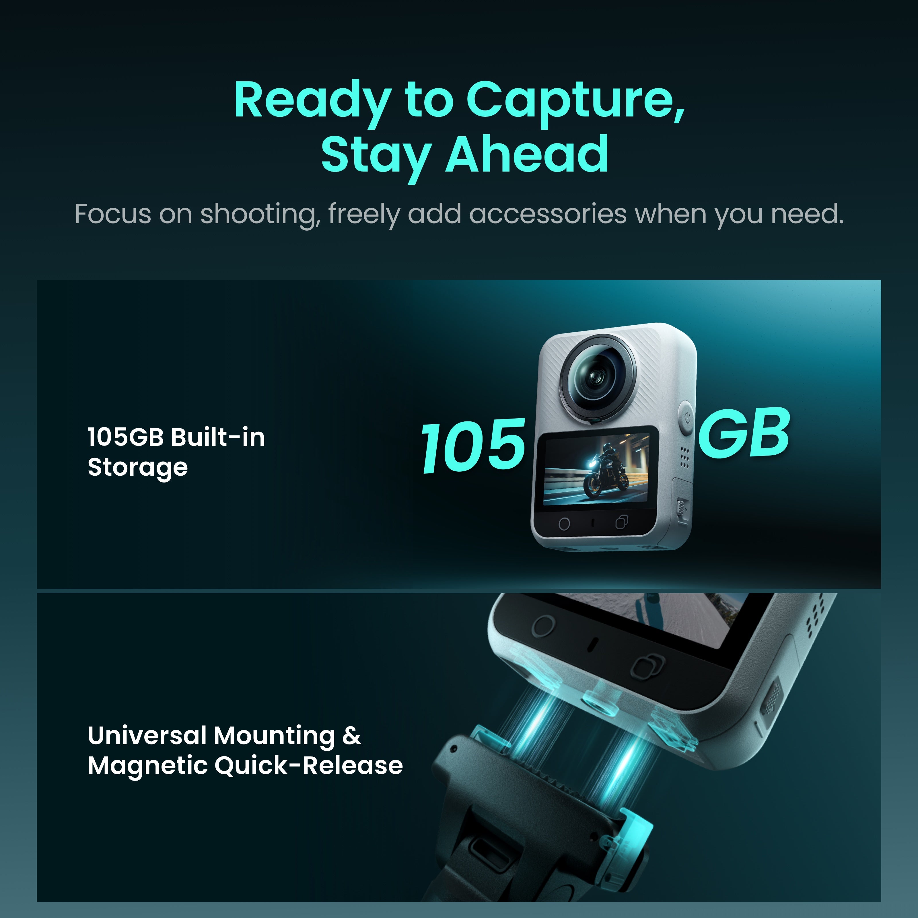 Xtra Sphra360 with 105GB built-in storage displayed with mounting accessories, highlighting an error-free recording experience without SD cards.