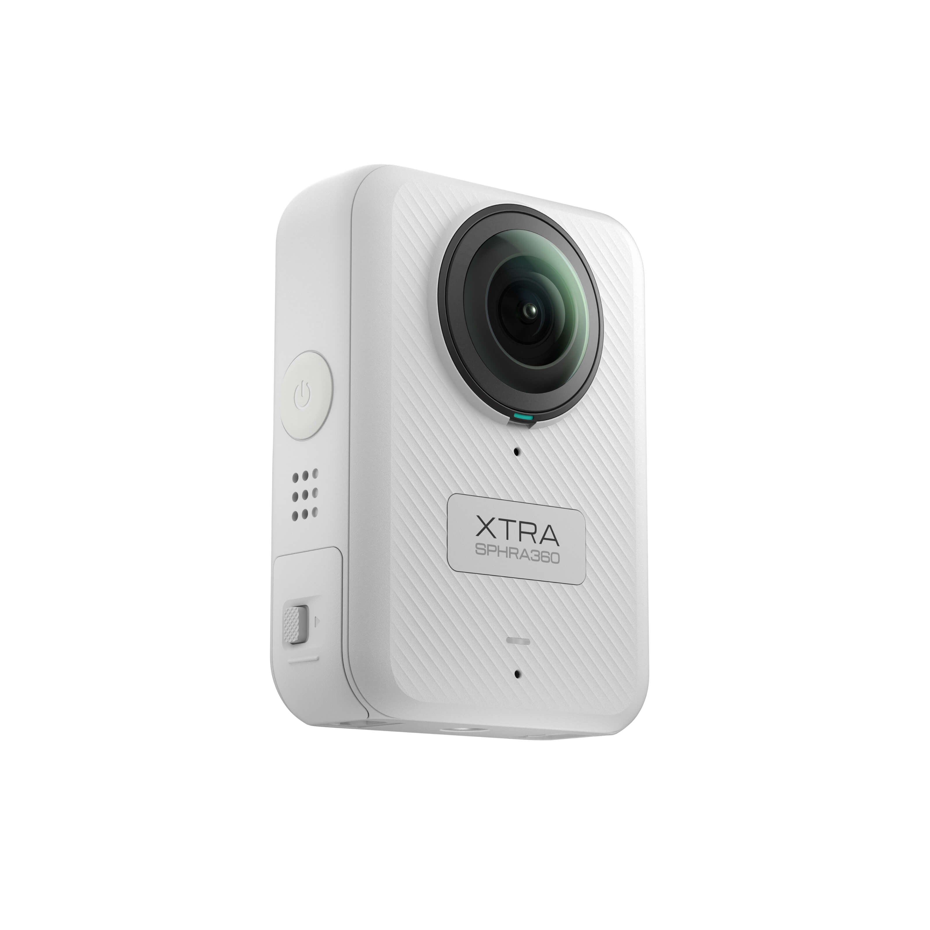 White Xtra Sphra360 action camera with touchscreen displaying clear diving footage, indicating waterproof readiness.