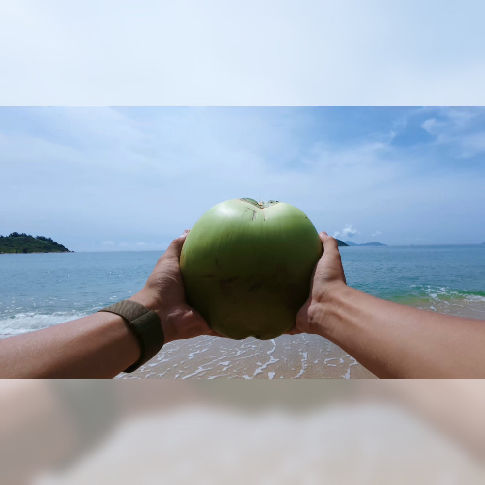 First-person view of a coconut held on a tropical beach
